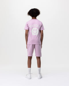 back of boy wearing Rascal pink smiley tshirt 