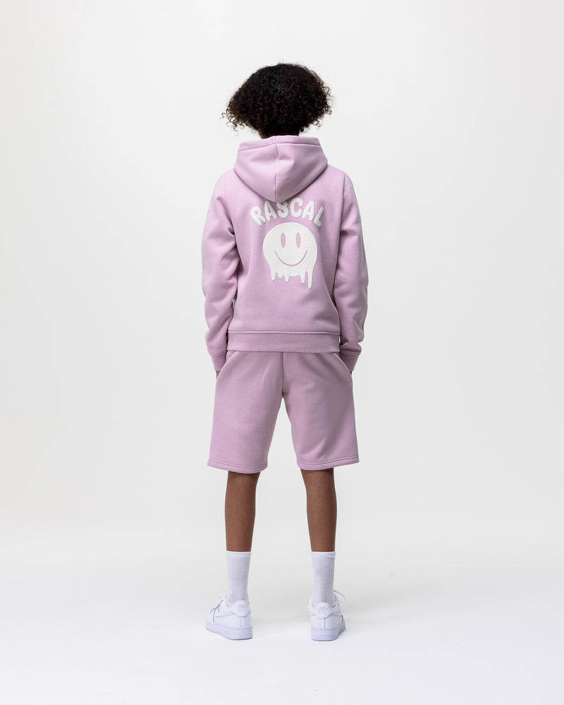 boy wearing pink smiley hoodie and pink smiley face shorts